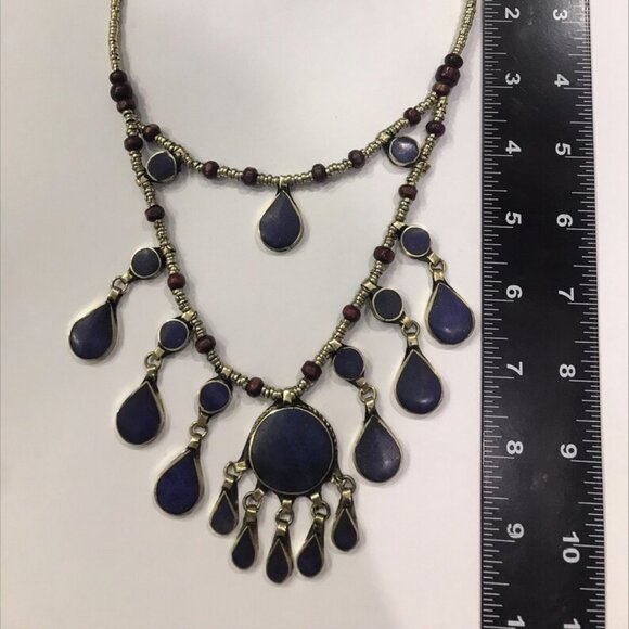 Two Layers Tribal Stones Vintage Necklace, Afghan Metal and Wooden Beaded Chain - Picture 6 of 8